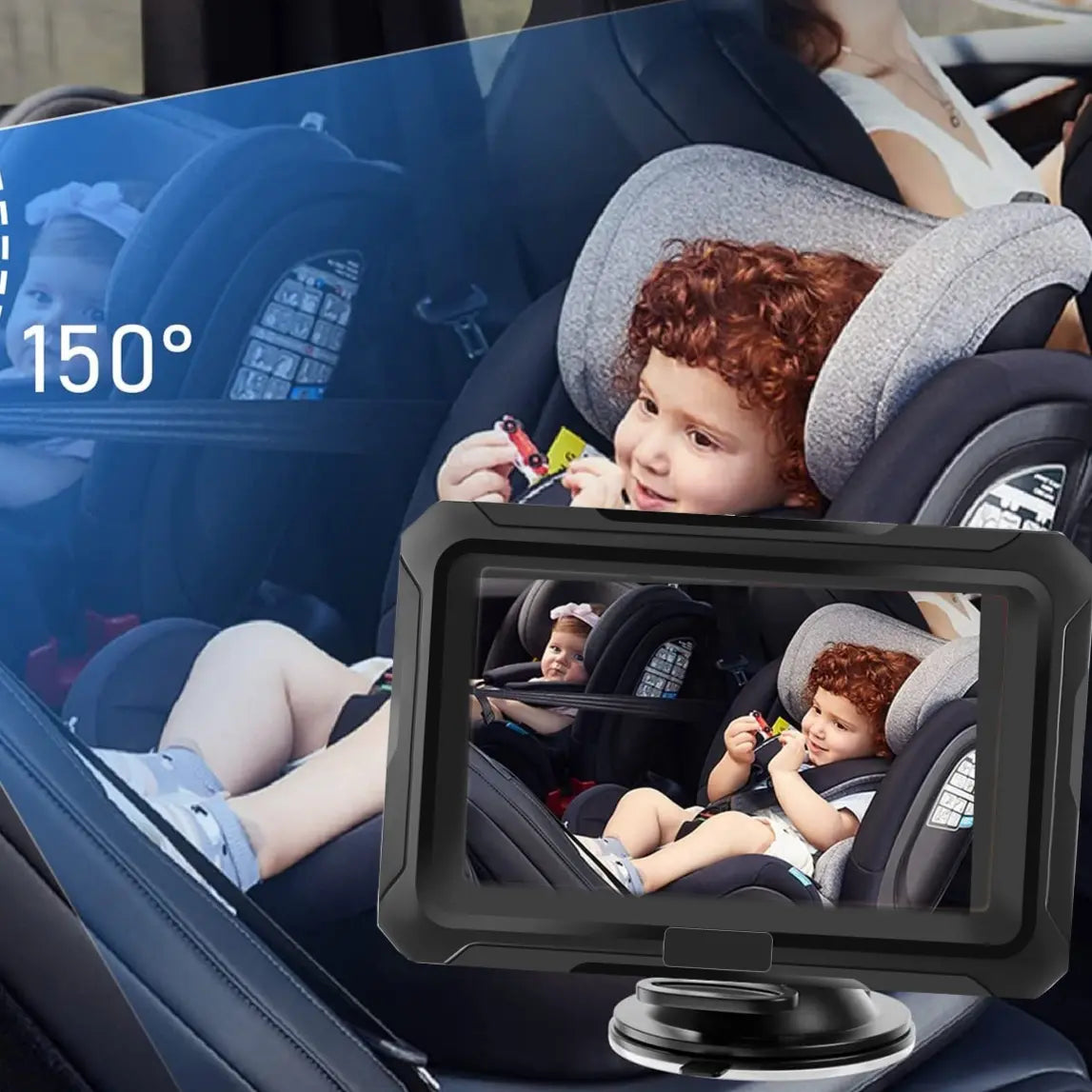 Child in a car seat with a rearview mirror monitor displaying the child's reflection.