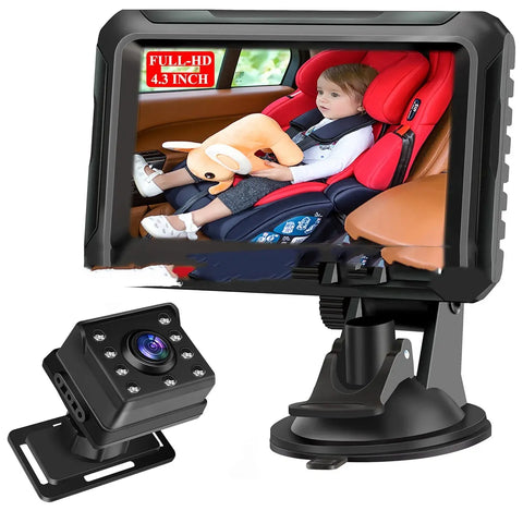 Car monitor with screen displaying a child in a car seat, accompanied by a camera on a white background.