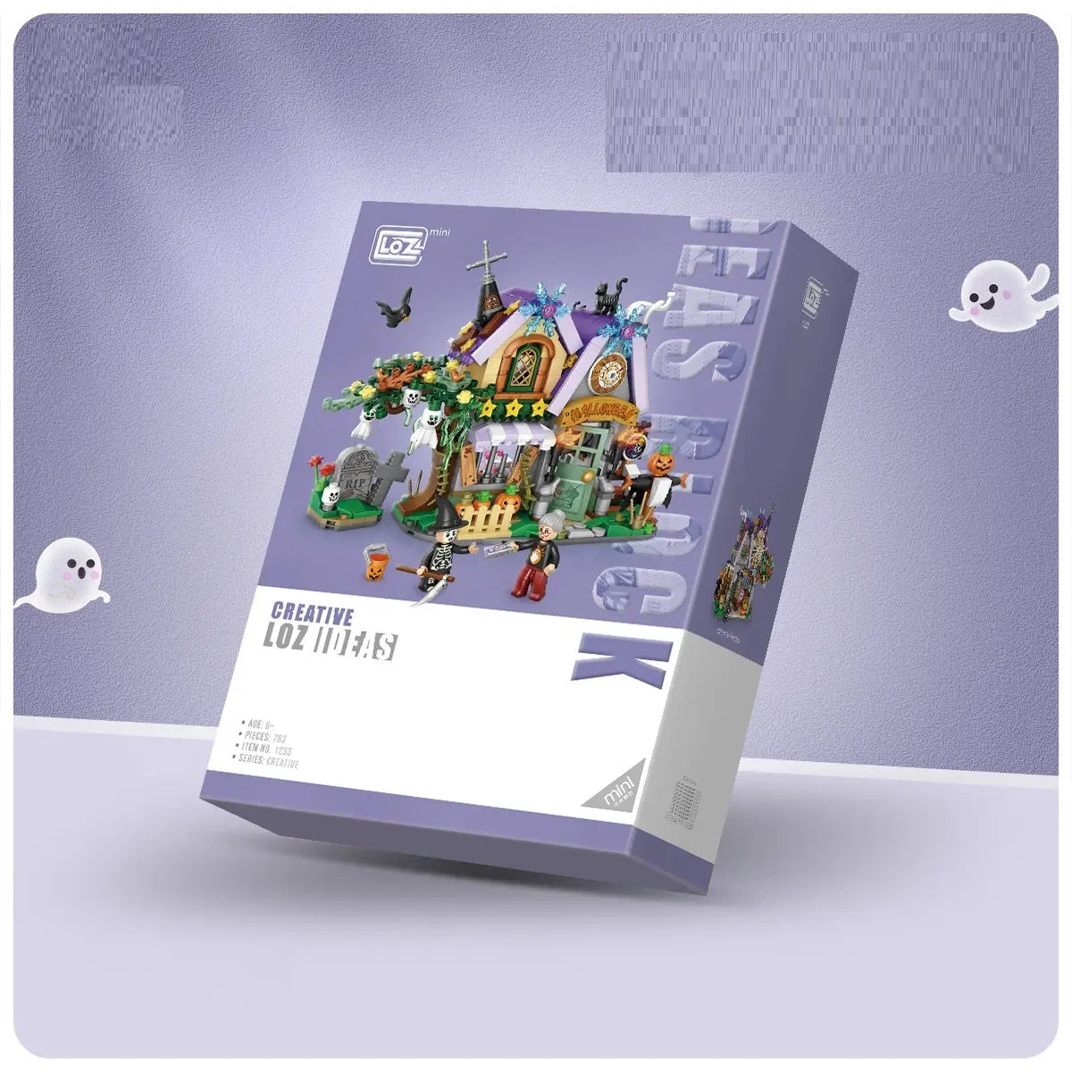 LOZ Halloween-themed building block set packaging on a purple background