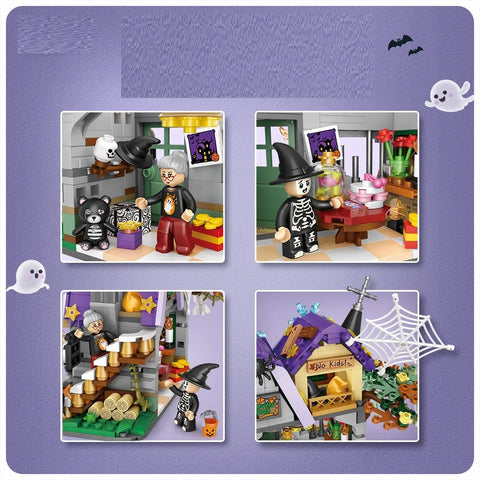 Set of LEGO Halloween-themed building sets on a purple background with ghost and spider decorations.