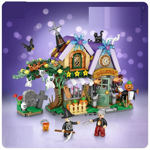 Halloween-themed toy set with a haunted house, graveyard, and characters on a purple background.