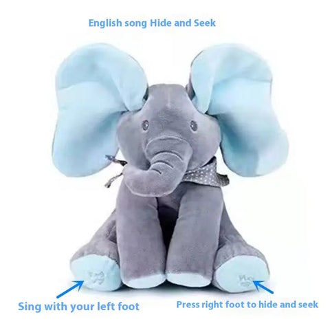 Plush elephant toy with instructions on a white background