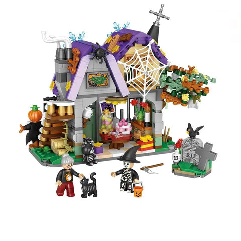 LEGO Halloween haunted house set with characters and decorations on a white background