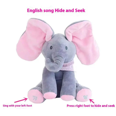 Plush elephant toy with pink ears and feet, featuring text for English song 'Hide and Seek'.