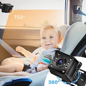 Child in a car seat with a camera mounted on the headrest, showing a 360-degree view.