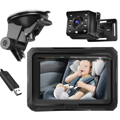 Car monitoring system with screen displaying a baby in a car seat, including camera, monitor, and USB device on a white background.