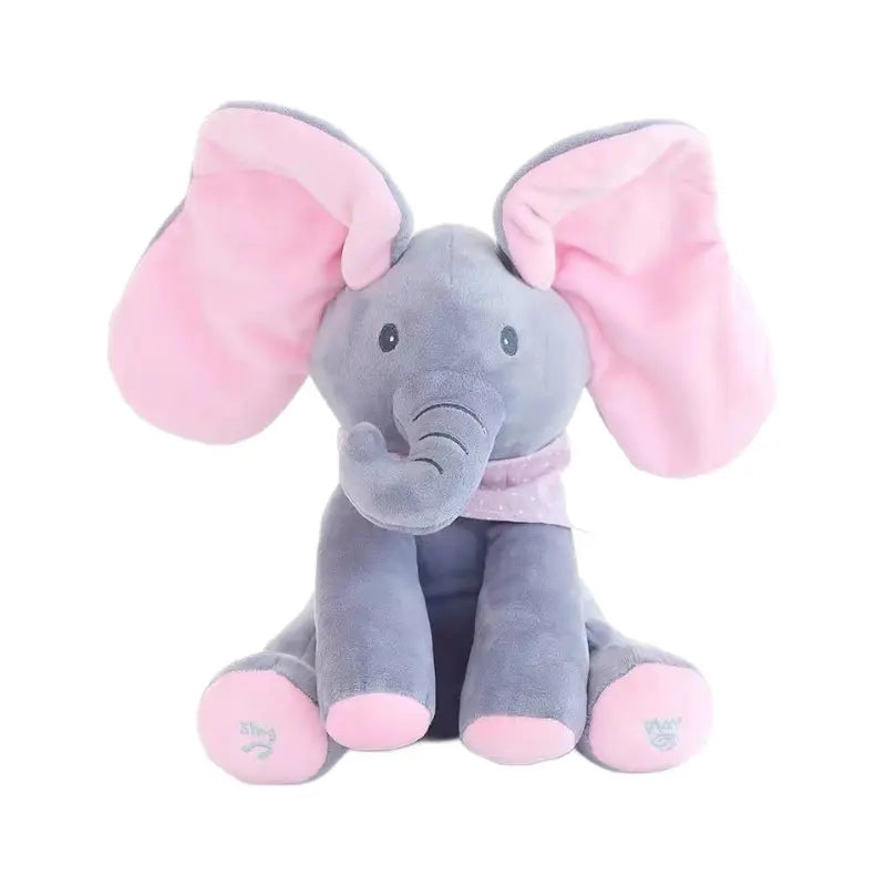 Plush elephant toy with pink ears and feet on a white background