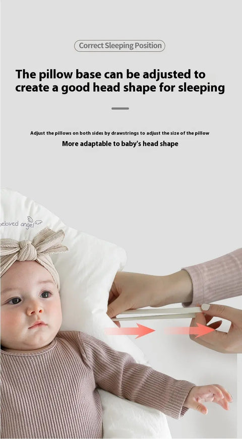 Baby lying on a pillow with instructions on adjusting the pillow base for a good head shape.
