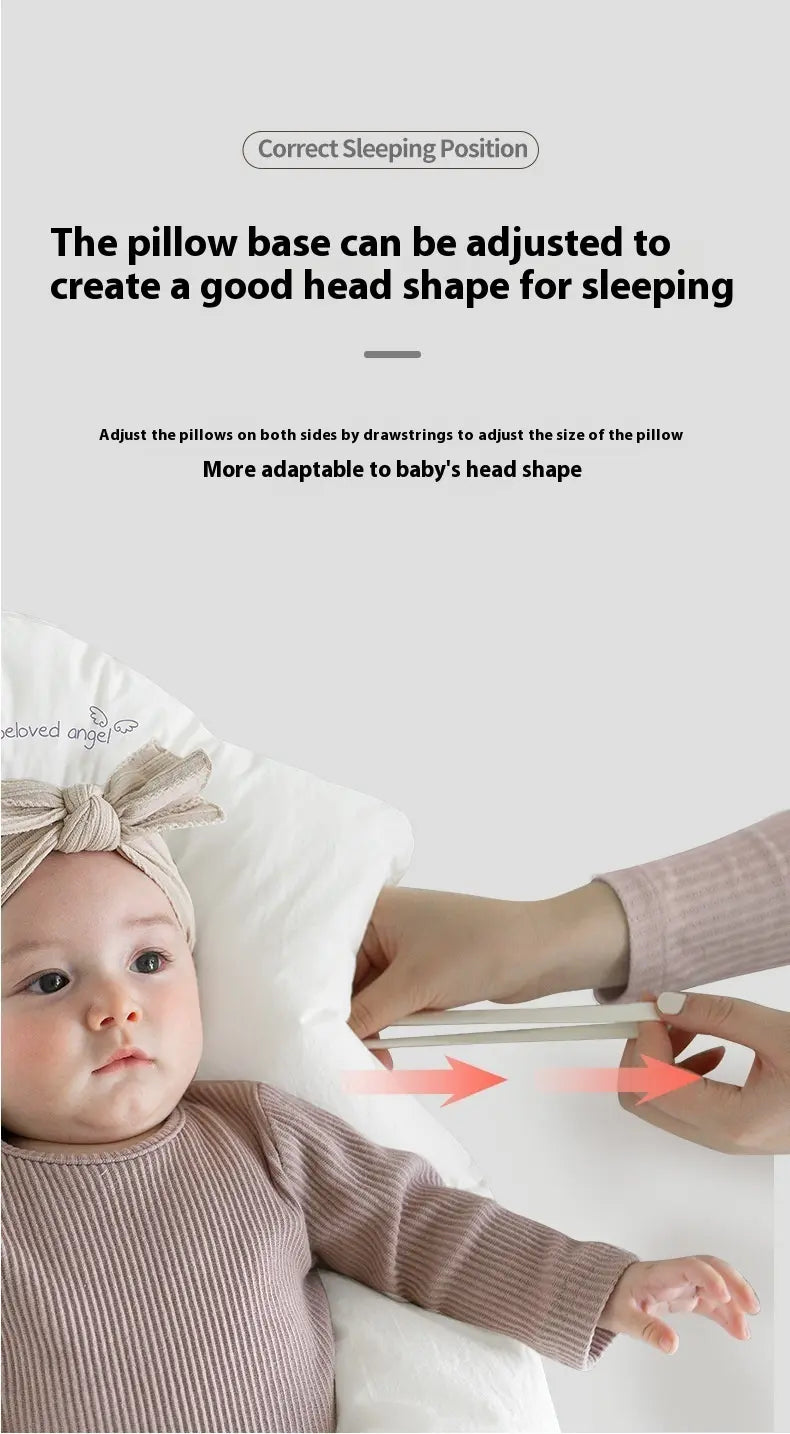Baby lying on a pillow with instructions on adjusting the pillow base for a good head shape.