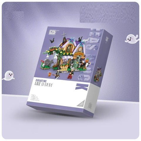 LOZ Halloween-themed building block set packaging on a purple background