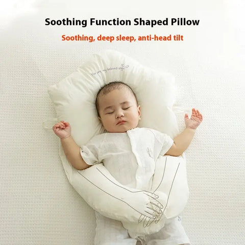 Baby sleeping on a shaped pillow with text highlighting its soothing functions.