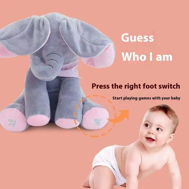 Plush elephant toy with text and a baby on a peach background