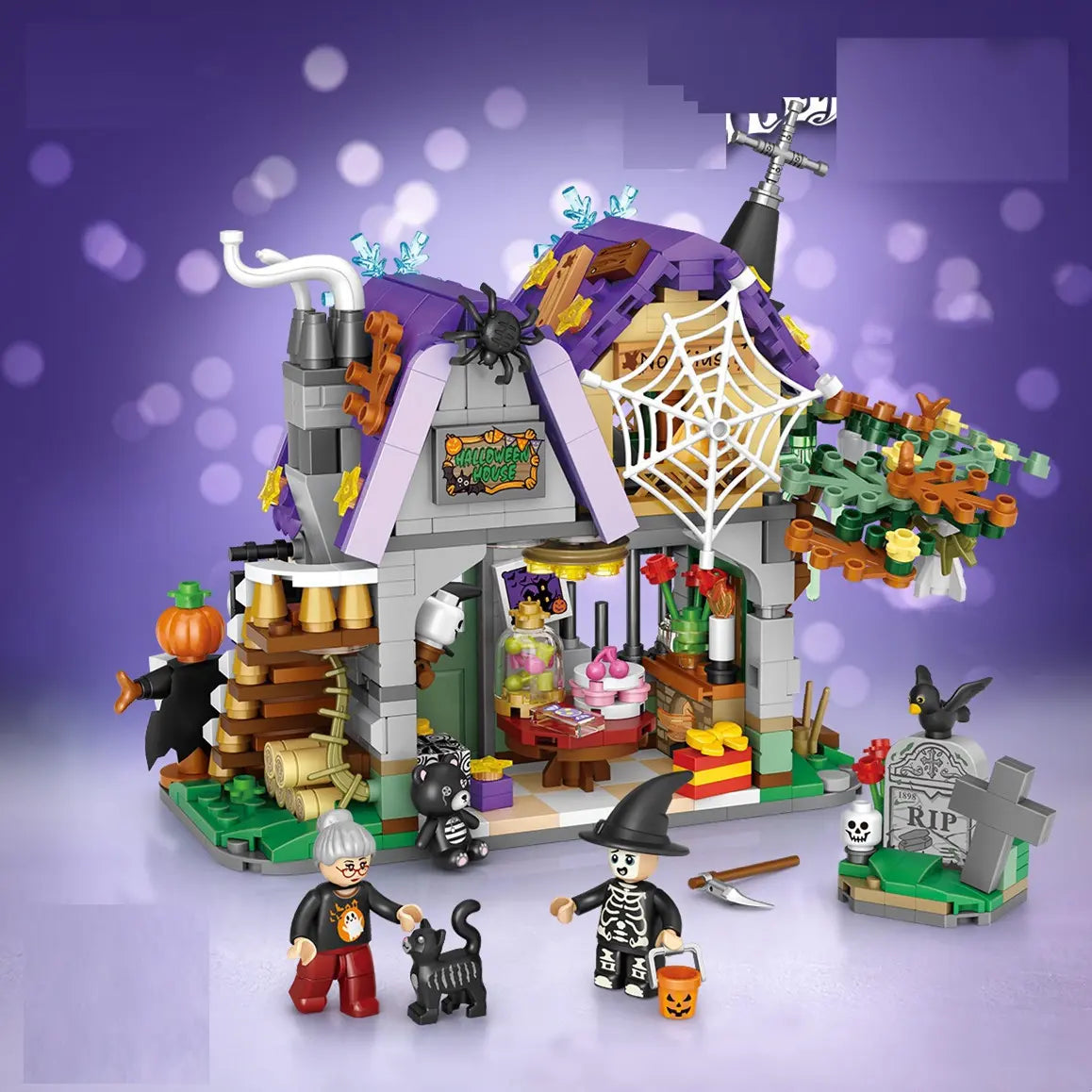 Halloween-themed toy set with a haunted house and characters on a purple background