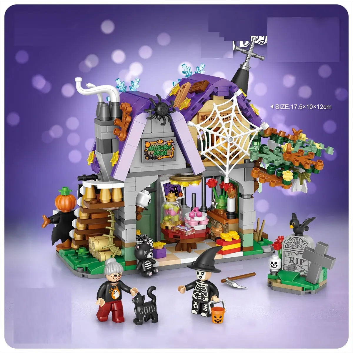 Halloween-themed toy set with haunted house and characters on a purple background