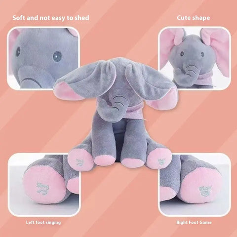 Gray and pink elephant plush toy with features highlighted on a peach background
