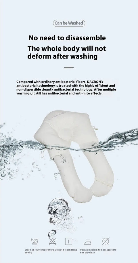 Product with water splash and text about washability and antibacterial properties on a white background