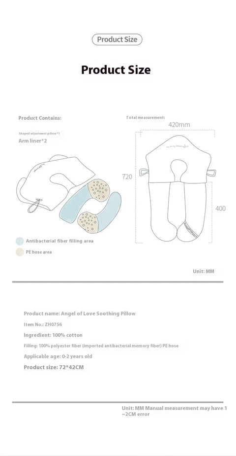Product size chart for an angel-shaped loofah pillow with measurements and details.