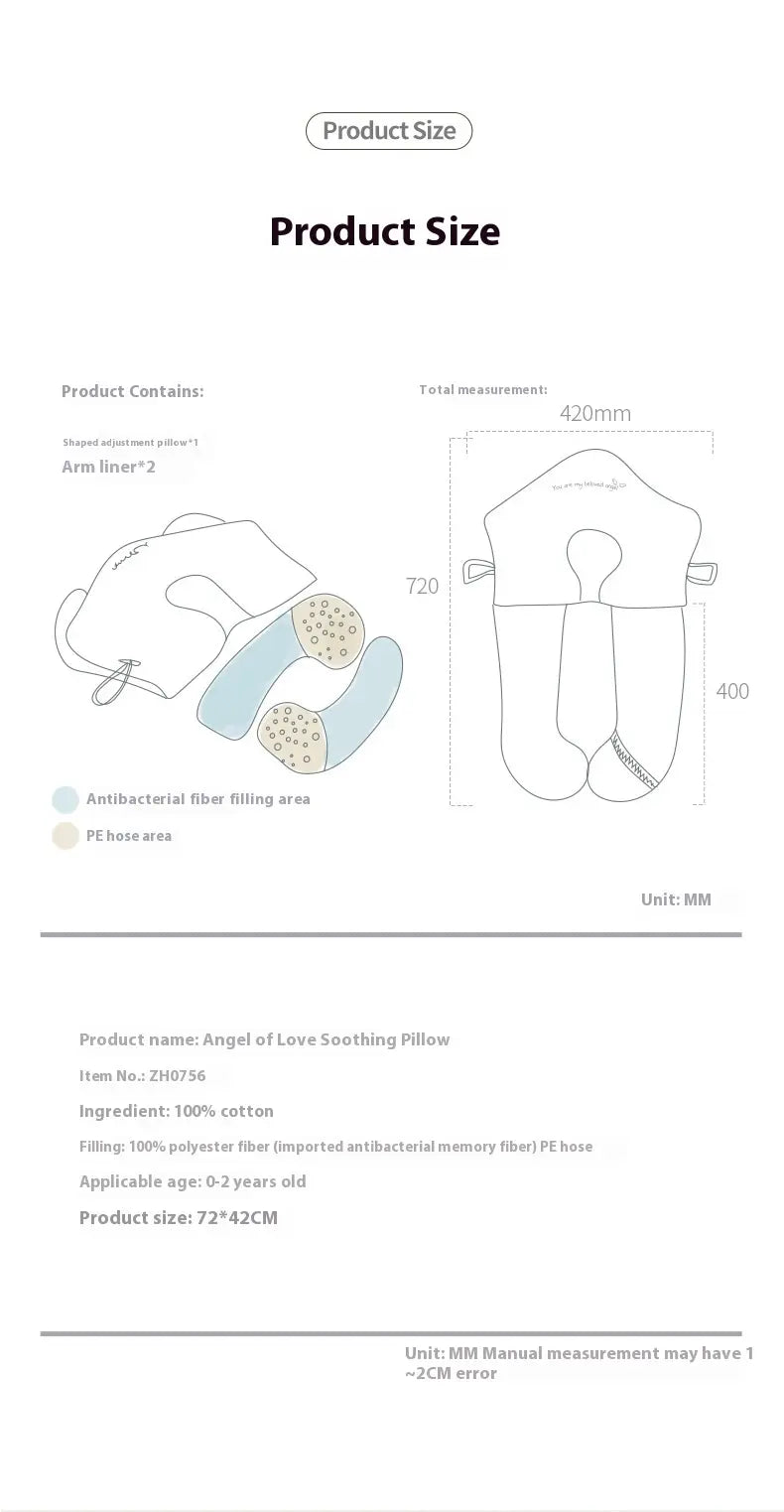 Product size chart for an angel-shaped loofah pillow with measurements and details.